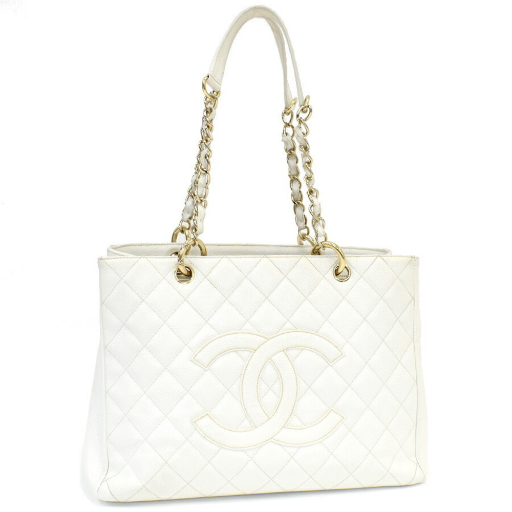 Chanel GST Tote Bag Caviar Leather White Chain Shoulder